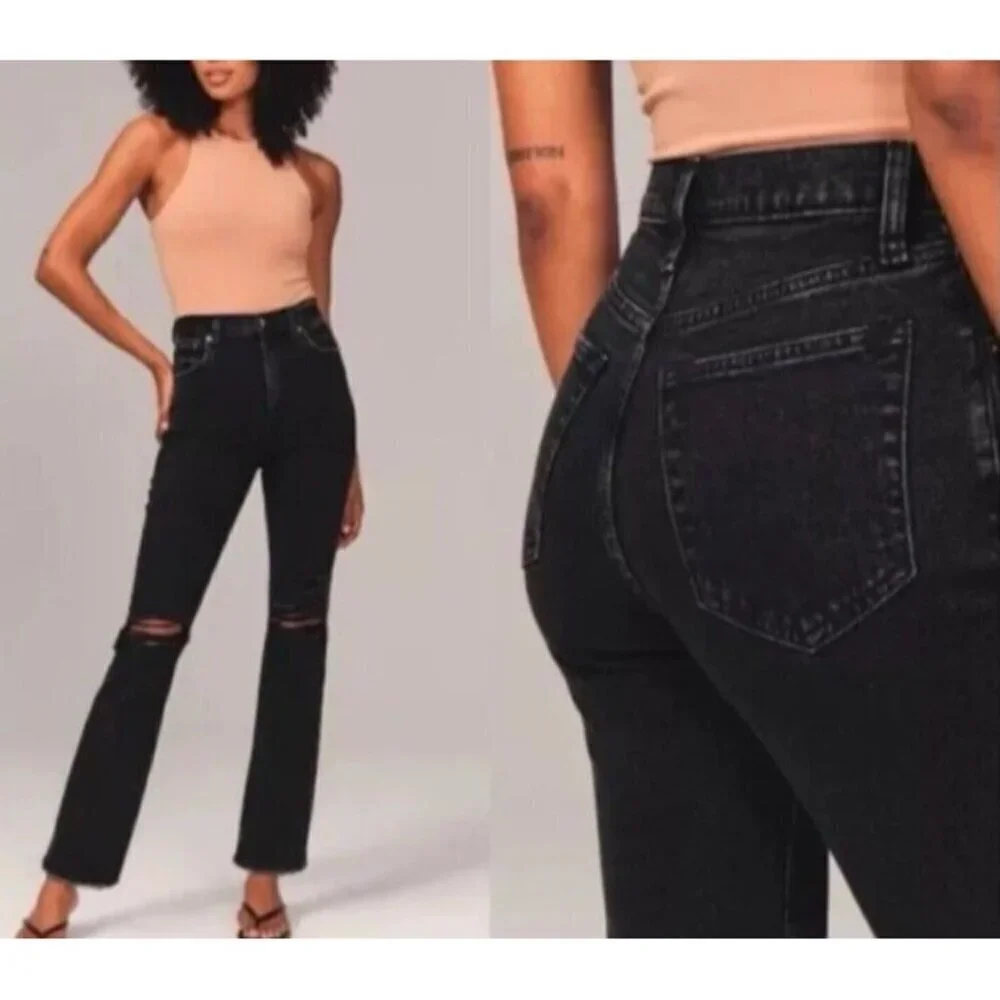 Abercrombie & Fitch Jeans 27/4S Black Ankle Straight Ultra High Rise Distressed - Picture 1 of 11